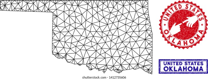 Wire frame polygonal Oklahoma State map and grunge seal stamps. Abstract lines and points form Oklahoma State map vector model. Round red stamp with connecting hands.