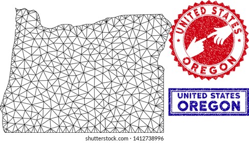 Wire frame polygonal Oregon State map and grunge seal stamps. Abstract lines and circle dots form Oregon State map vector model. Round red stamp with connecting hands.