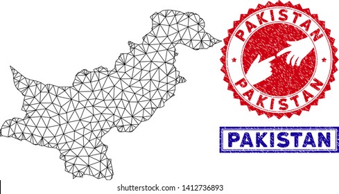 Wire frame polygonal Pakistan map and grunge seal stamps. Abstract lines and spheric points form Pakistan map vector model. Round red stamp with connecting hands.