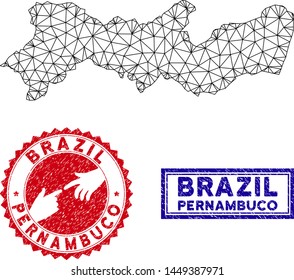 Wire frame polygonal Pernambuco State map and grunge seal stamps. Abstract lines and dots form Pernambuco State map vector model. Round red stamp with connecting hands.