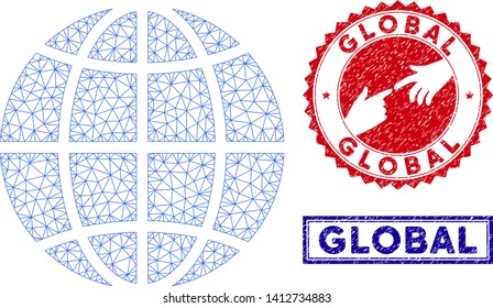 Wire frame polygonal planet globe and grunge seal stamps. Abstract lines and small circles form planet globe vector model. Round red stamp with connecting hands.