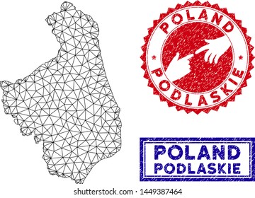 Wire frame polygonal Podlaskie Voivodeship map and grunge seal stamps. Abstract lines and dots form Podlaskie Voivodeship map vector model. Round red stamp with connecting hands.
