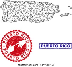 Wire frame polygonal Puerto Rico map and grunge seal stamps. Abstract lines and circle dots form Puerto Rico map vector model. Round red stamp with connecting hands.