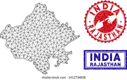 Wire frame polygonal Rajasthan State map and grunge seal stamps. Abstract lines and small circles form Rajasthan State map vector model. Round red stamp with connecting hands.