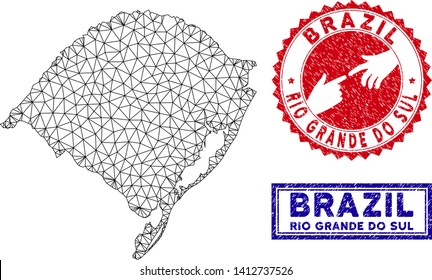 Wire frame polygonal Rio Grande do Sul State map and grunge seal stamps. Abstract lines and dots form Rio Grande do Sul State map vector model. Round red stamp with connecting hands.