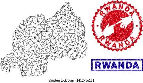 Wire frame polygonal Rwanda map and grunge seal stamps. Abstract lines and circle dots form Rwanda map vector model. Round red stamp with connecting hands.