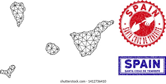Wire frame polygonal Santa Cruz de Tenerife Province map and grunge seal stamps. Abstract lines and small circles form Santa Cruz de Tenerife Province map vector model.