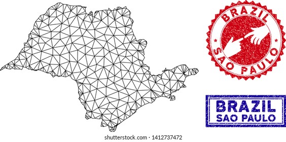 Wire frame polygonal Sao Paulo State map and grunge seal stamps. Abstract lines and spheric points form Sao Paulo State map vector model. Round red stamp with connecting hands.