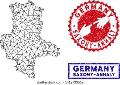 Wire frame polygonal Saxony-Anhalt Land map and grunge seal stamps. Abstract lines and small circles form Saxony-Anhalt Land map vector model. Round red stamp with connecting hands.