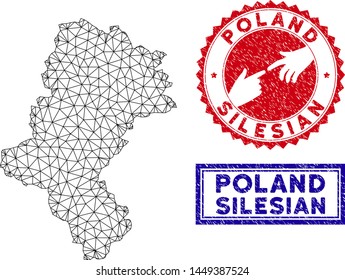 Wire frame polygonal Silesian Voivodeship map and grunge seal stamps. Abstract lines and spheric points form Silesian Voivodeship map vector model. Round red stamp with connecting hands.