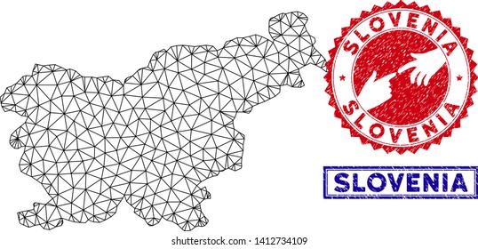 Wire frame polygonal Slovenia map and grunge seal stamps. Abstract lines and points form Slovenia map vector model. Round red stamp with connecting hands.