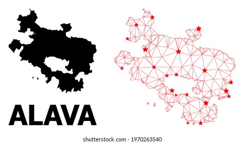 Wire frame polygonal and solid map of Alava Province. Vector structure is created from map of Alava Province with red stars. Abstract lines and stars form map of Alava Province.