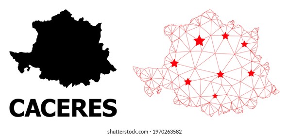 Wire frame polygonal and solid map of Caceres Province. Vector structure is created from map of Caceres Province with red stars. Abstract lines and stars form map of Caceres Province.
