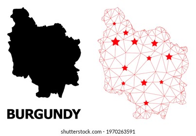 Wire frame polygonal and solid map of Burgundy Province. Vector structure is created from map of Burgundy Province with red stars. Abstract lines and stars are combined into map of Burgundy Province.