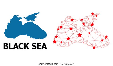 Wire frame polygonal and solid map of Black Sea. Vector structure is created from map of Black Sea with red stars. Abstract lines and stars form map of Black Sea.