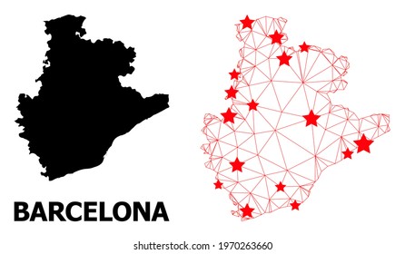 Wire frame polygonal and solid map of Barcelona Province. Vector model is created from map of Barcelona Province with red stars. Abstract lines and stars are combined into map of Barcelona Province.