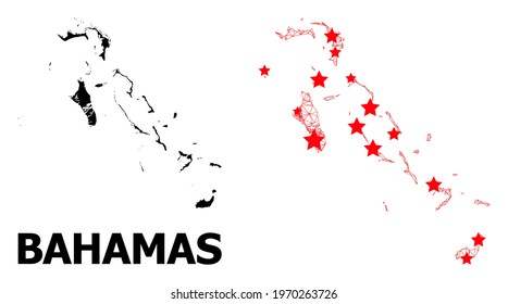 Wire frame polygonal and solid map of Bahamas Islands. Vector model is created from map of Bahamas Islands with red stars. Abstract lines and stars are combined into map of Bahamas Islands.