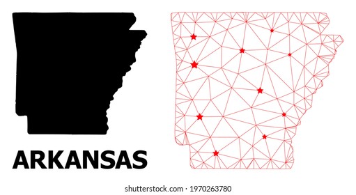 Wire frame polygonal and solid map of Arkansas State. Vector structure is created from map of Arkansas State with red stars. Abstract lines and stars are combined into map of Arkansas State.