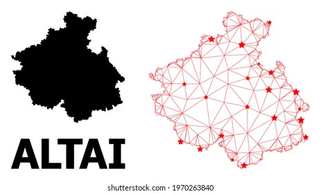 Wire frame polygonal and solid map of Altai Republic. Vector structure is created from map of Altai Republic with red stars. Abstract lines and stars form map of Altai Republic.