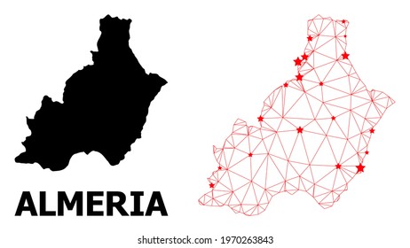 Wire frame polygonal and solid map of Almeria Province. Vector structure is created from map of Almeria Province with red stars. Abstract lines and stars are combined into map of Almeria Province.