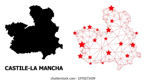 Wire frame polygonal and solid map of Castile-La Mancha Province. Vector structure is created from map of Castile-La Mancha Province with red stars.