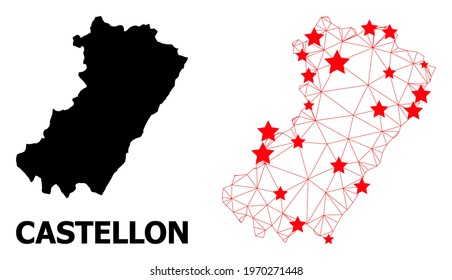 Wire frame polygonal and solid map of Castellon Province. Vector structure is created from map of Castellon Province with red stars.