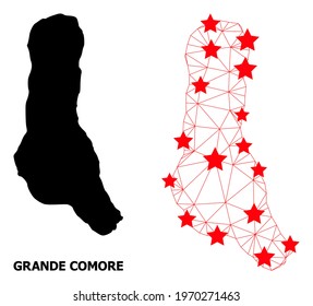 Wire frame polygonal and solid map of Grande Comore Island. Vector structure is created from map of Grande Comore Island with red stars. Abstract lines and stars form map of Grande Comore Island.