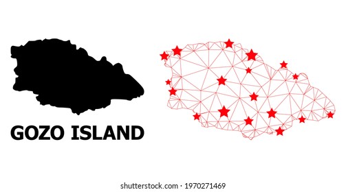 Wire frame polygonal and solid map of Gozo Island. Vector model is created from map of Gozo Island with red stars. Abstract lines and stars are combined into map of Gozo Island.