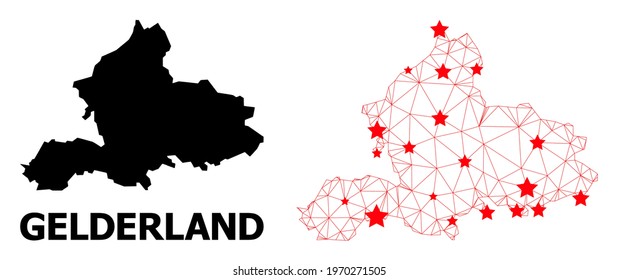 Wire frame polygonal and solid map of Gelderland Province. Vector structure is created from map of Gelderland Province with red stars.