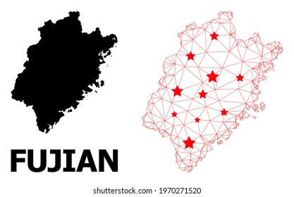Wire frame polygonal and solid map of Fujian Province. Vector model is created from map of Fujian Province with red stars. Abstract lines and stars are combined into map of Fujian Province.