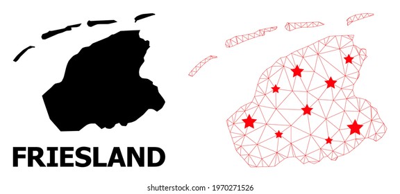 Wire frame polygonal and solid map of Friesland Province. Vector structure is created from map of Friesland Province with red stars.