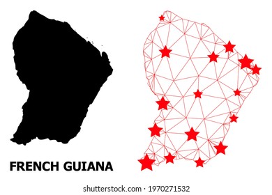 Wire frame polygonal and solid map of French Guiana. Vector structure is created from map of French Guiana with red stars. Abstract lines and stars are combined into map of French Guiana.