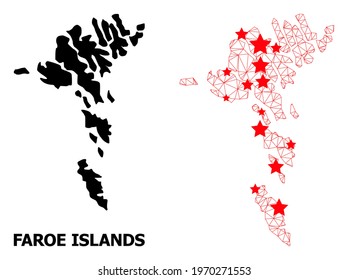 Wire frame polygonal and solid map of Faroe Islands. Vector structure is created from map of Faroe Islands with red stars. Abstract lines and stars are combined into map of Faroe Islands.