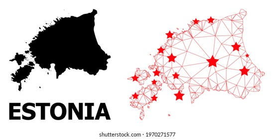 Wire frame polygonal and solid map of Estonia. Vector structure is created from map of Estonia with red stars. Abstract lines and stars form map of Estonia.