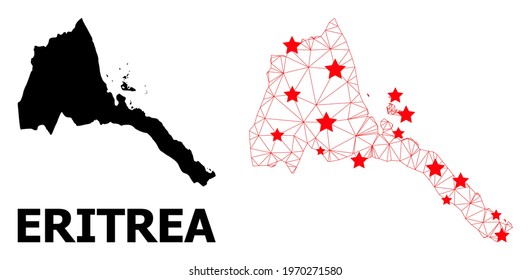 Wire frame polygonal and solid map of Eritrea. Vector model is created from map of Eritrea with red stars. Abstract lines and stars form map of Eritrea.