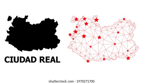 Wire frame polygonal and solid map of Ciudad Real Province. Vector model is created from map of Ciudad Real Province with red stars. Abstract lines and stars form map of Ciudad Real Province.