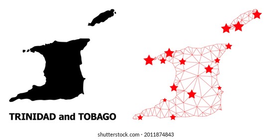 Wire frame polygonal and solid map of Trinidad and Tobago. Vector model is created from map of Trinidad and Tobago with red stars. Abstract lines and stars form map of Trinidad and Tobago.