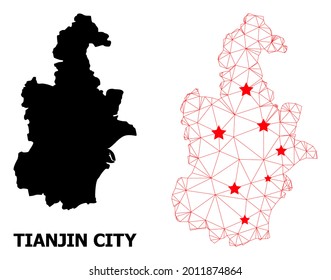 Wire frame polygonal and solid map of Tianjin Municipality. Vector model is created from map of Tianjin Municipality with red stars.