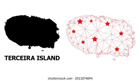 Wire frame polygonal and solid map of Terceira Island. Vector structure is created from map of Terceira Island with red stars. Abstract lines and stars form map of Terceira Island.