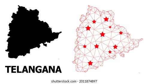 Wire frame polygonal and solid map of Telangana State. Vector model is created from map of Telangana State with red stars. Abstract lines and stars form map of Telangana State.