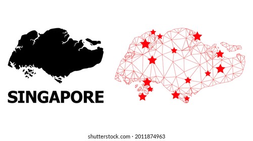 Wire frame polygonal and solid map of Singapore. Vector model is created from map of Singapore with red stars. Abstract lines and stars are combined into map of Singapore.