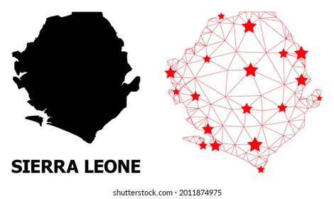 Wire frame polygonal and solid map of Sierra Leone. Vector model is created from map of Sierra Leone with red stars. Abstract lines and stars form map of Sierra Leone.