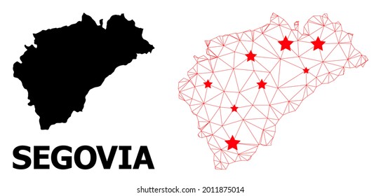 Wire frame polygonal and solid map of Segovia Province. Vector model is created from map of Segovia Province with red stars. Abstract lines and stars form map of Segovia Province.