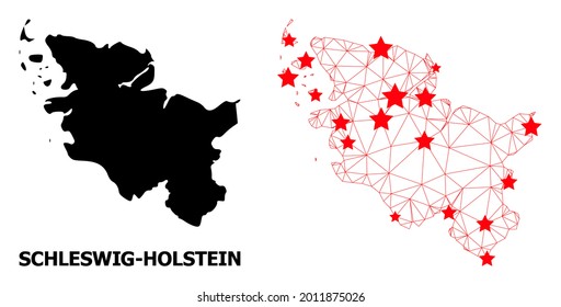 Wire frame polygonal and solid map of Schleswig-Holstein State. Vector structure is created from map of Schleswig-Holstein State with red stars.