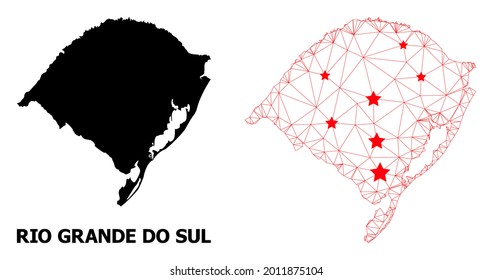 Mapa de alambre poligonal y sólido del estado de Río Grande del Sur. La estructura vectorial se crea a partir del mapa del estado de Rio Grande do Sul con estrellas rojas.