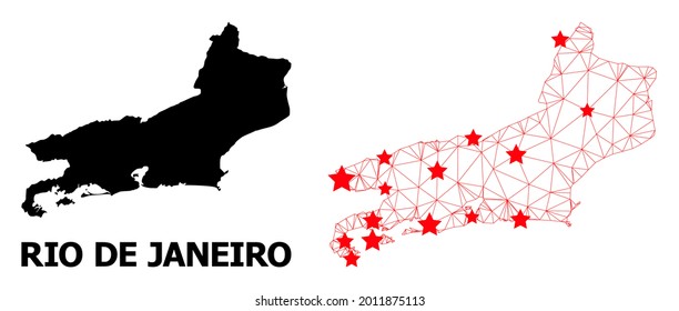 Wire frame polygonal and solid map of Rio de Janeiro State. Vector structure is created from map of Rio de Janeiro State with red stars.