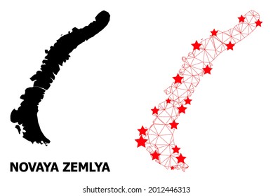 Wire frame polygonal and solid map of Novaya Zemlya Islands. Vector structure is created from map of Novaya Zemlya Islands with red stars.