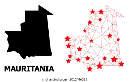 Wire frame polygonal and solid map of Mauritania. Vector model is created from map of Mauritania with red stars. Abstract lines and stars are combined into map of Mauritania.