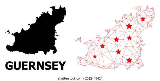 Wire frame polygonal and solid map of Guernsey Island. Vector structure is created from map of Guernsey Island with red stars. Abstract lines and stars form map of Guernsey Island.