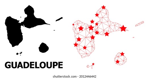 Wire frame polygonal and solid map of Guadeloupe. Vector model is created from map of Guadeloupe with red stars. Abstract lines and stars are combined into map of Guadeloupe.